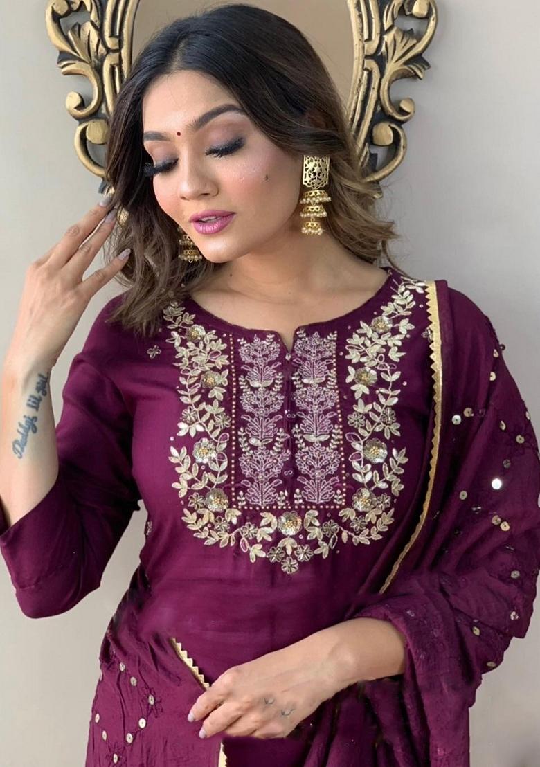 Dark Purple Embroidered Rayon Kurta Set