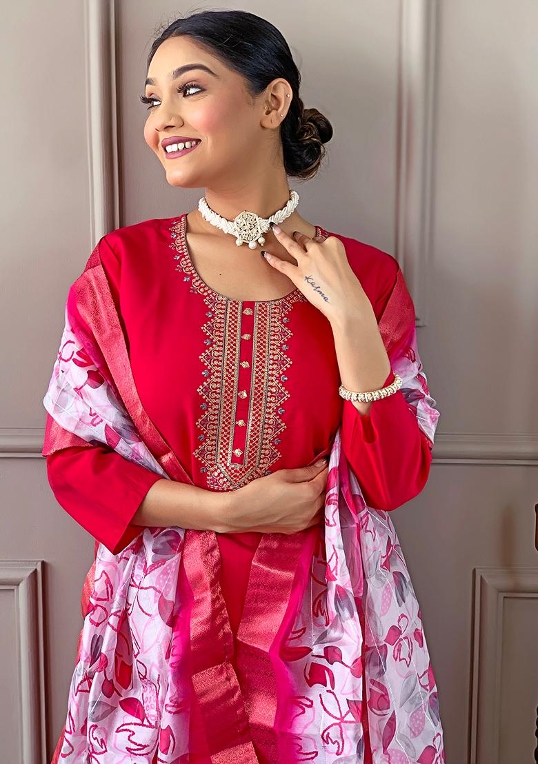 Hot Pink Embroidered Chanderi Viscose Kurta Set