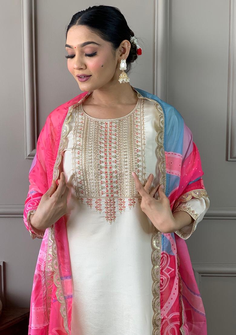 Off White Embroidered Chanderi Viscose Kurta Set