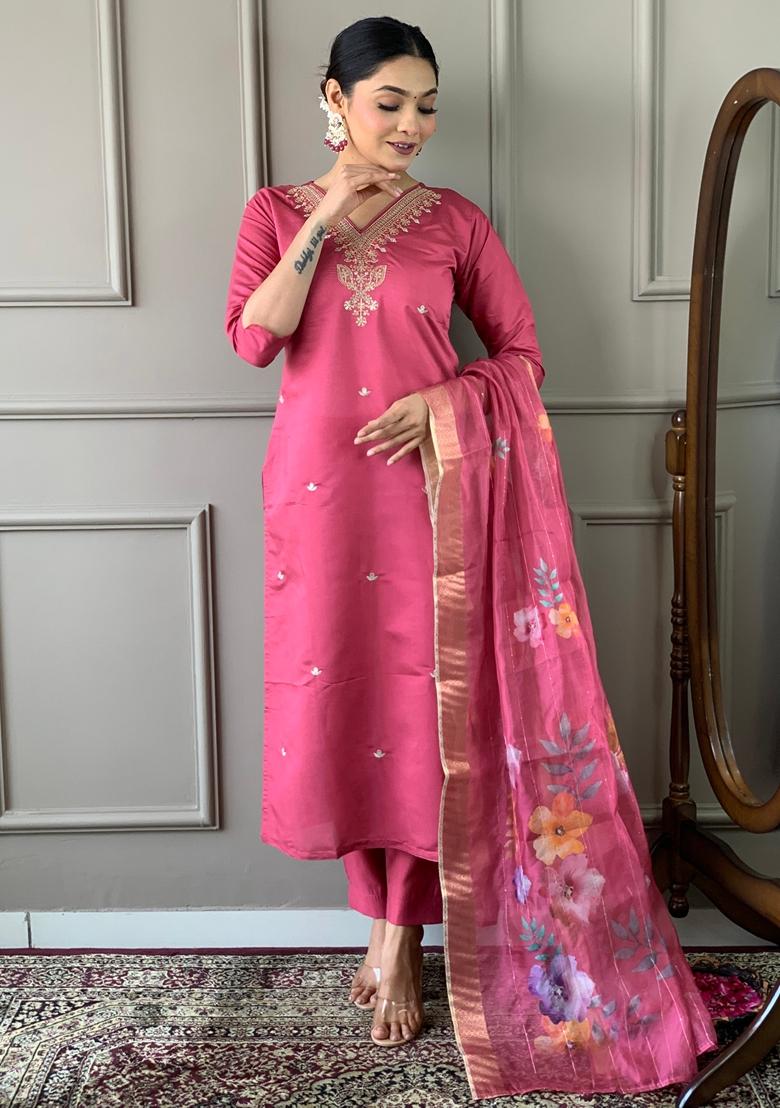 Onion Pink Embroidered Chanderi Viscose Kurta Set