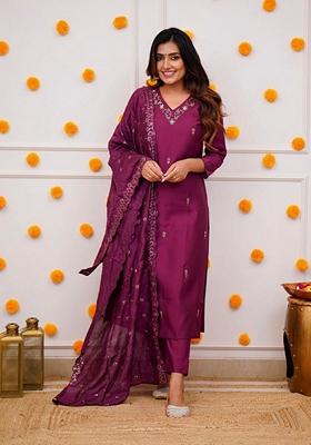 Dark Purple Embroidered Chanderi Viscose Kurta Set