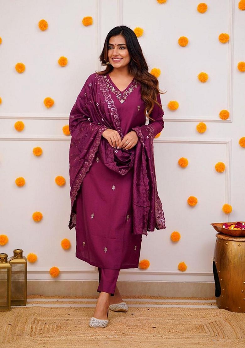 Dark Purple Embroidered Chanderi Viscose Kurta Set