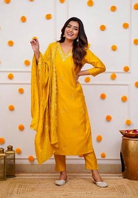 Mustard Embroidered Chanderi Viscose Kurta Set