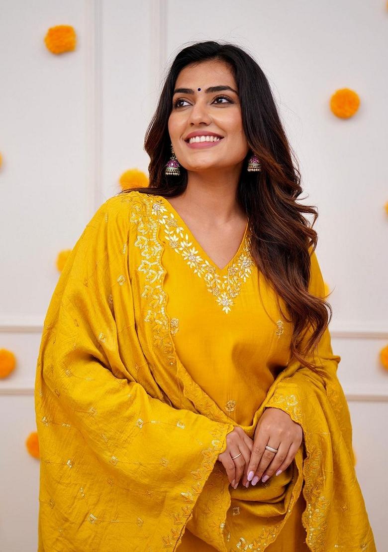 Mustard Embroidered Chanderi Viscose Kurta Set