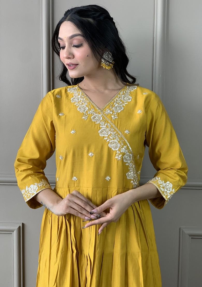 Mustard Embroidered Chanderi Viscose Kurta Set