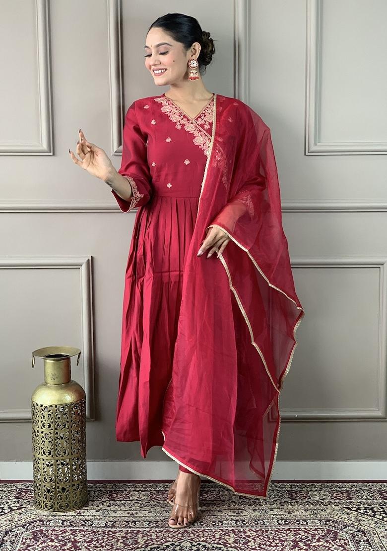 Maroon Embroidered Chanderi Viscose Kurta Set