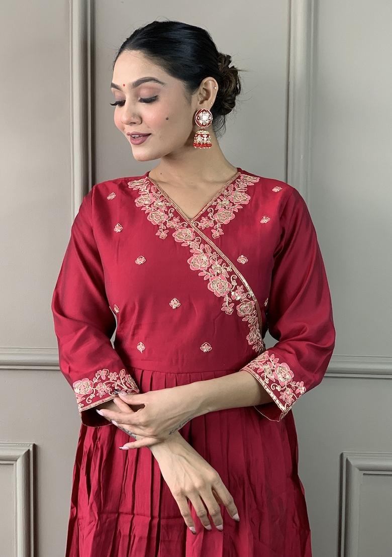 Maroon Embroidered Chanderi Viscose Kurta Set