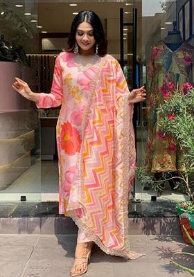 Multicolour Embroidered Muslin Viscose Kurta Set