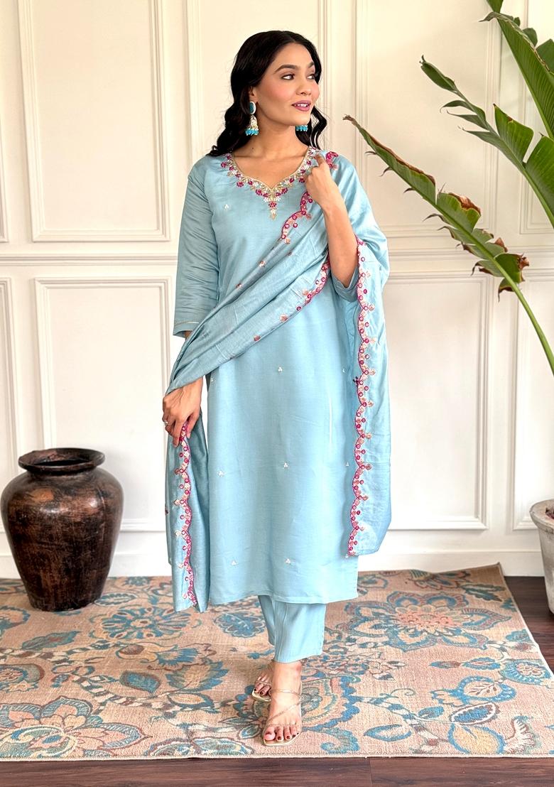 Sky Blue Embroidered Chanderi Viscose Kurta Set