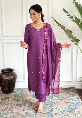 Purple Embroidered Chanderi Viscose Kurta Set