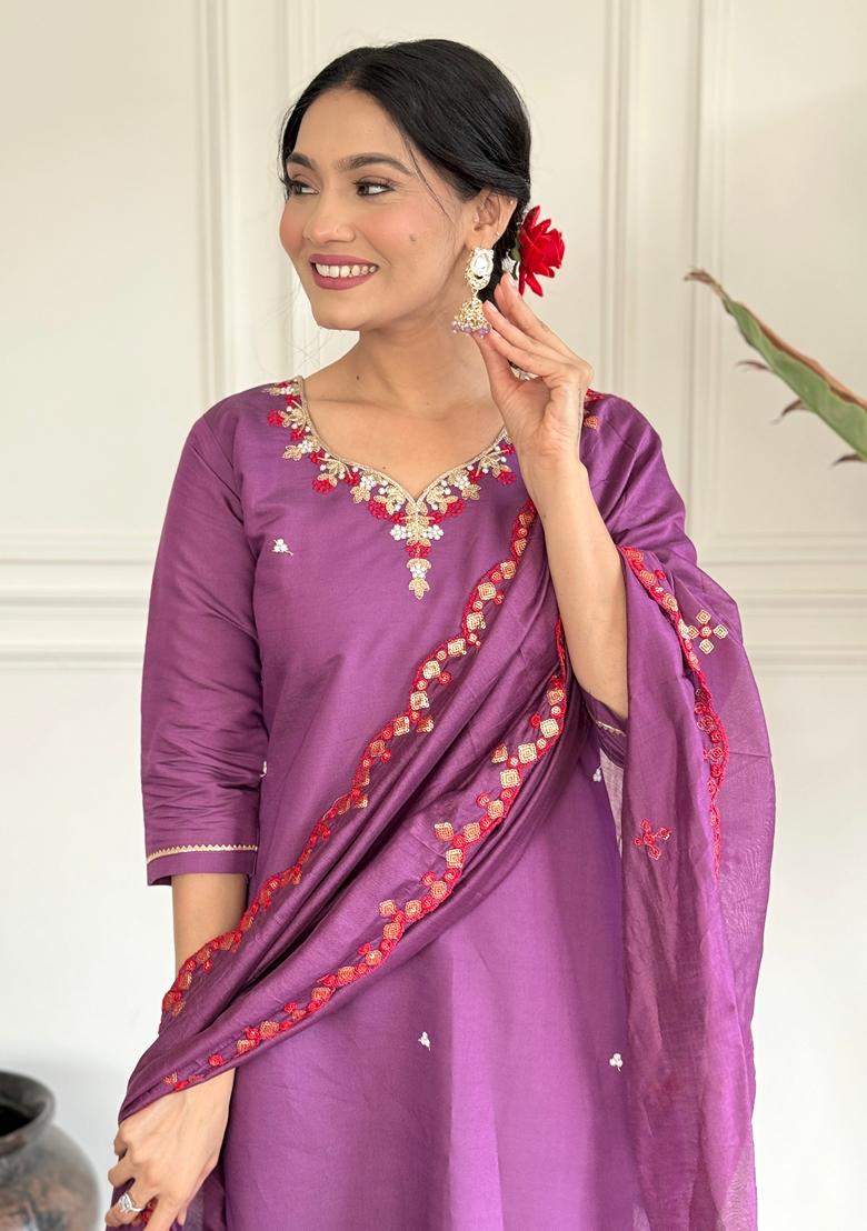 Purple Embroidered Chanderi Viscose Kurta Set