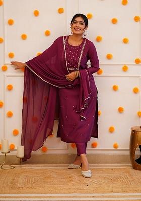 Burgundy Embroidered Rayon Kurta Set