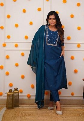 Navy Blue Embroidered Rayon Kurta Set