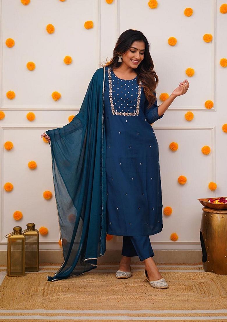Navy Blue Embroidered Rayon Kurta Set