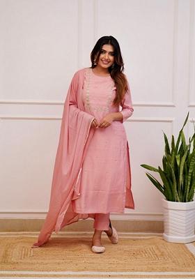 Light Pink Embroidered Rayon Kurta Set