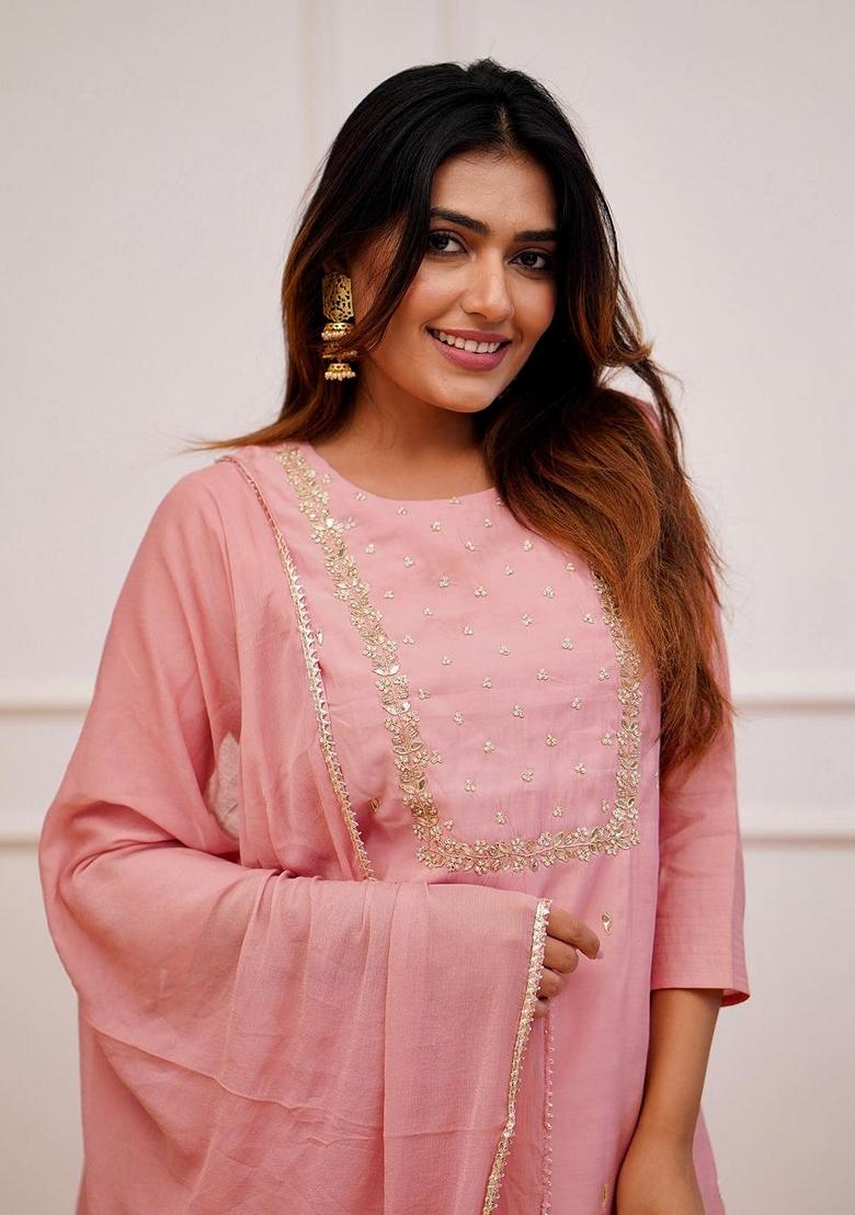 Light Pink Embroidered Rayon Kurta Set