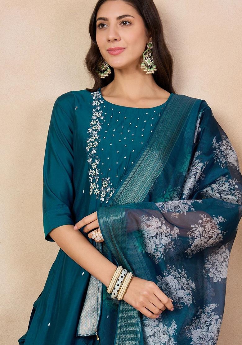 Teal Blue Embroidered Chanderi Viscose Kurta Set