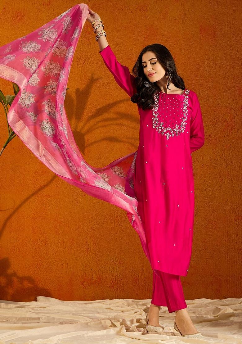Rani Pink Embroidered Chanderi Viscose Kurta Set