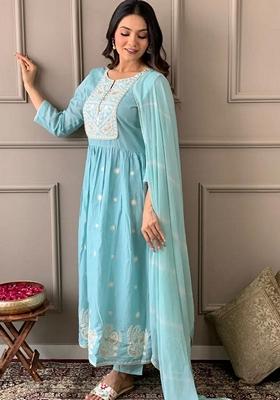 Sky Blue Embroidered Chanderi Viscose Kurta Set