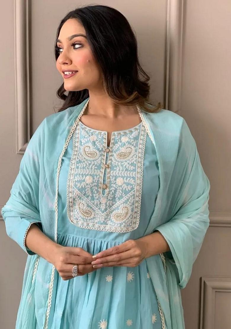 Sky Blue Embroidered Chanderi Viscose Kurta Set