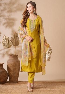 Mustard Embroidered Chanderi Cotton Kurta Set
