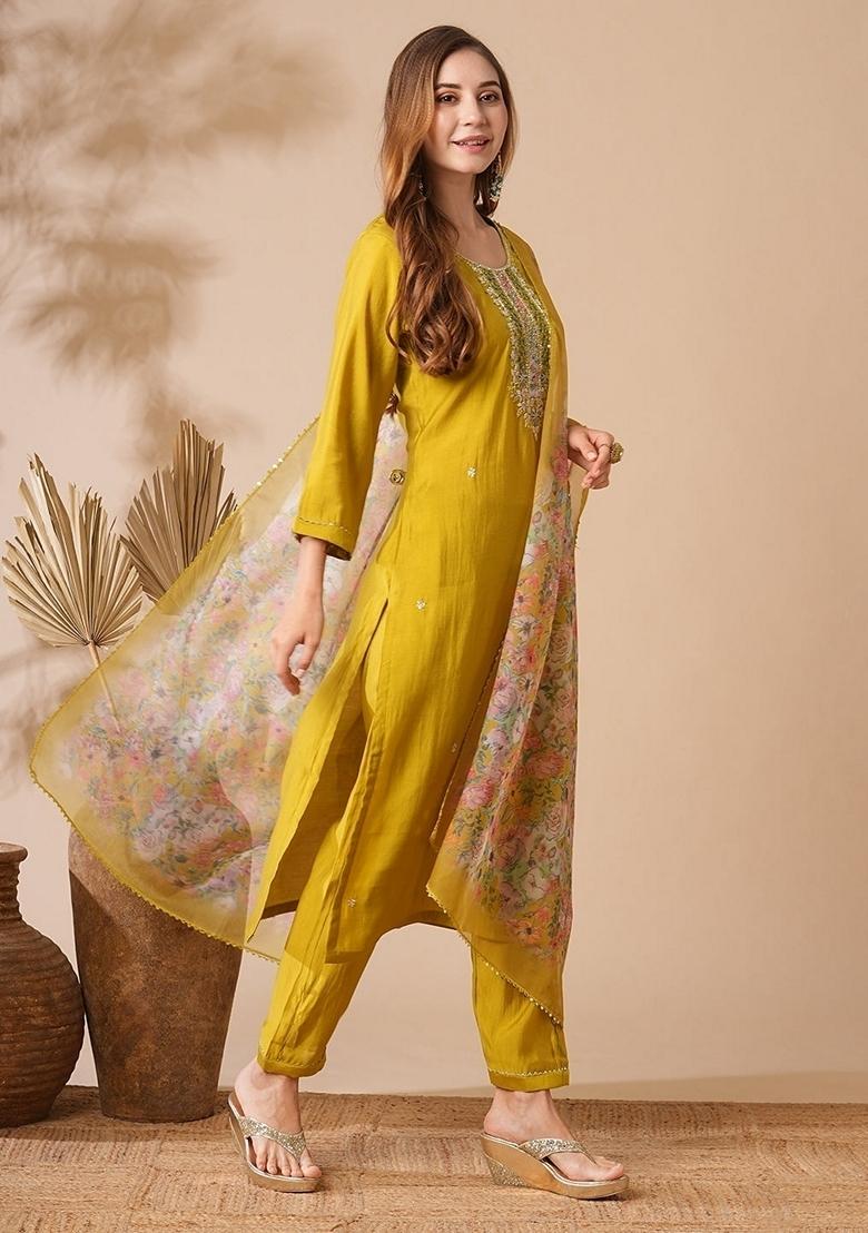 Mustard Embroidered Chanderi Cotton Kurta Set