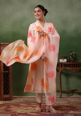 Light Peach Embroidered Crepe Kurta Set