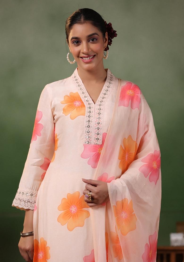 Light Peach Embroidered Crepe Kurta Set