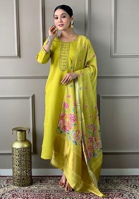 Light Green Embroidered Chanderi Viscose Kurta Set