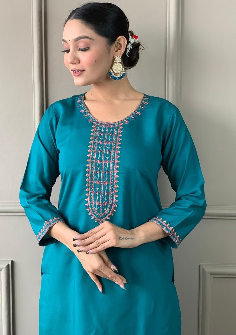 Teal Blue Embroidered Chanderi Viscose Kurta Set