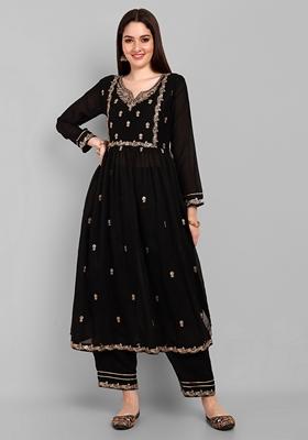 Black Embroidered Vichitra Silk Kurta Set