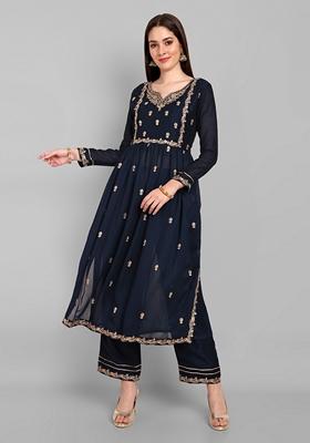 Navy Blue Embroidered Vichitra Silk Kurta Set