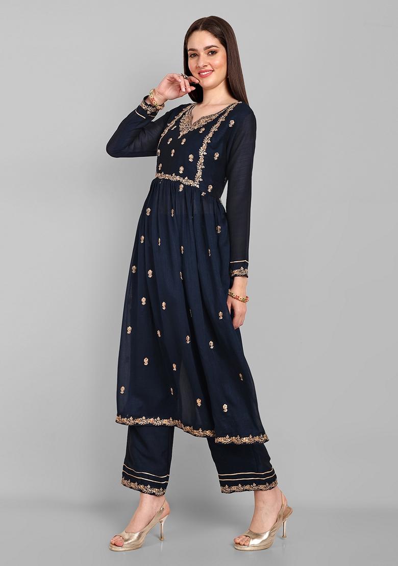 Navy Blue Embroidered Vichitra Silk Kurta Set
