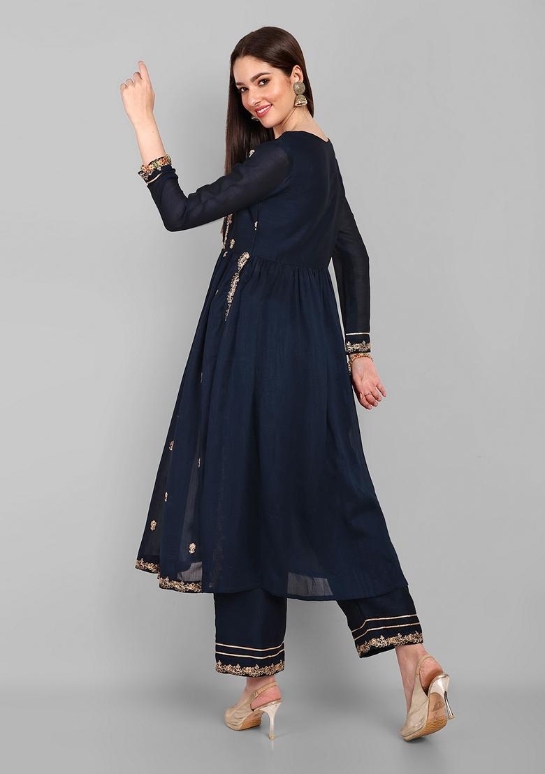 Navy Blue Embroidered Vichitra Silk Kurta Set