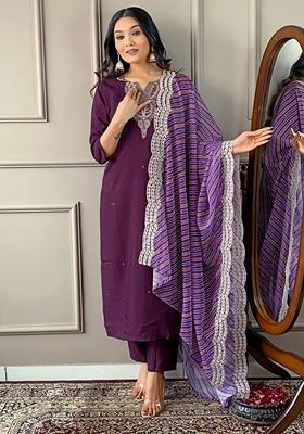 Dark Purple Embroidered Viscose Silk Kurta Set