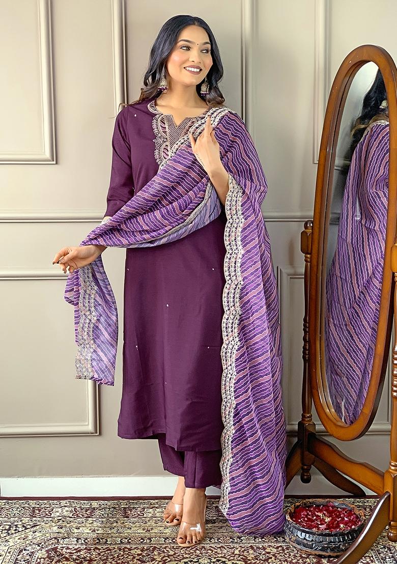Dark Purple Embroidered Viscose Silk Kurta Set
