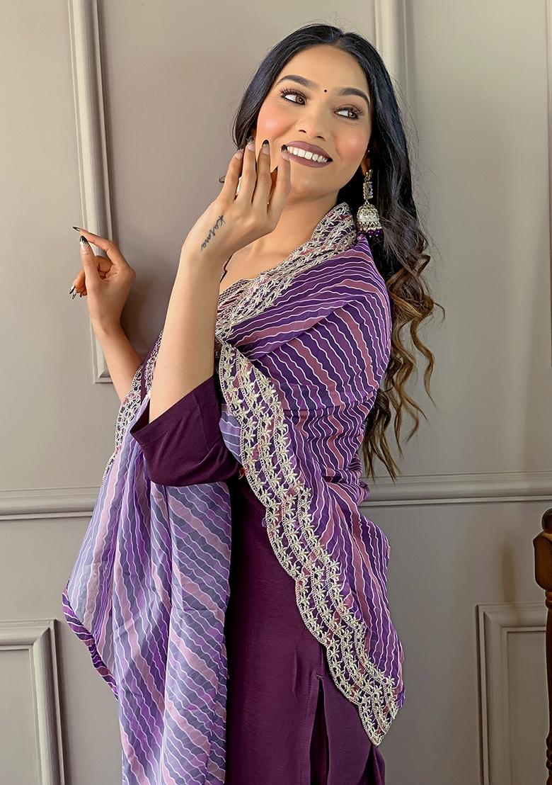 Dark Purple Embroidered Viscose Silk Kurta Set