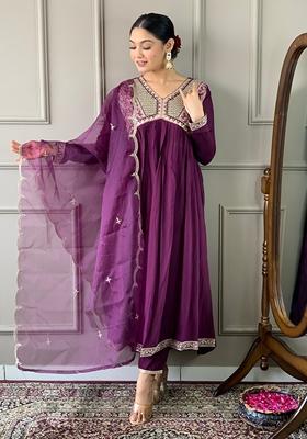 Dark Purple Embroidered Viscose Kurta Set