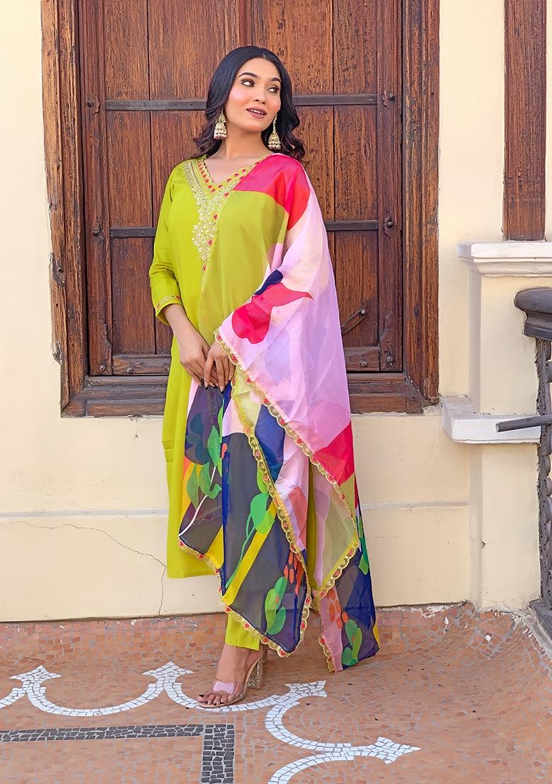 Light Green Embroidered Viscose Kurta Set