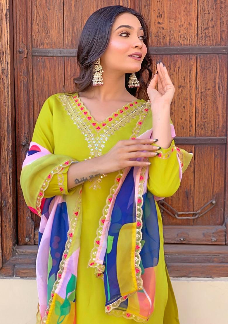 Light Green Embroidered Viscose Kurta Set