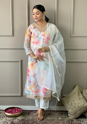 White Embroidered Organza Kurta Set