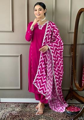 Hot Pink Embroidered Viscose Kurta Set