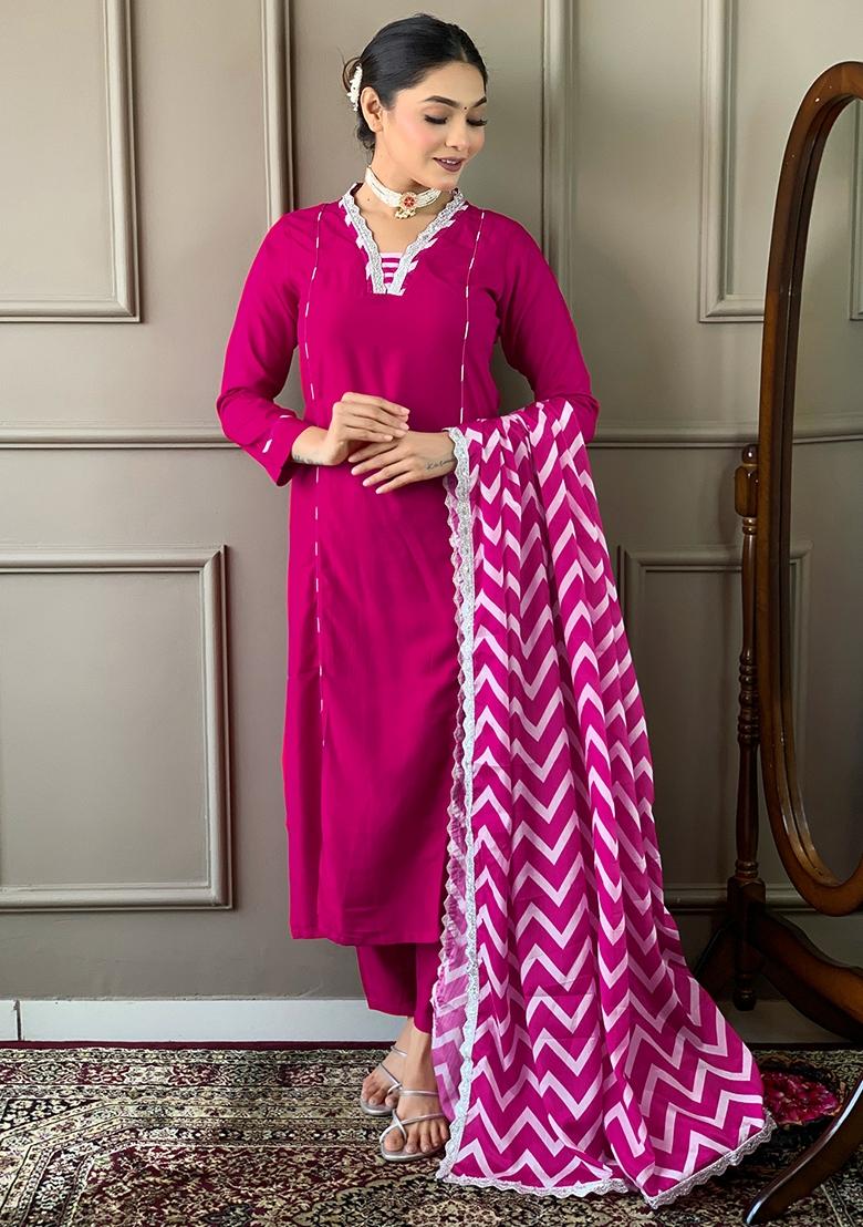 Hot Pink Embroidered Viscose Kurta Set