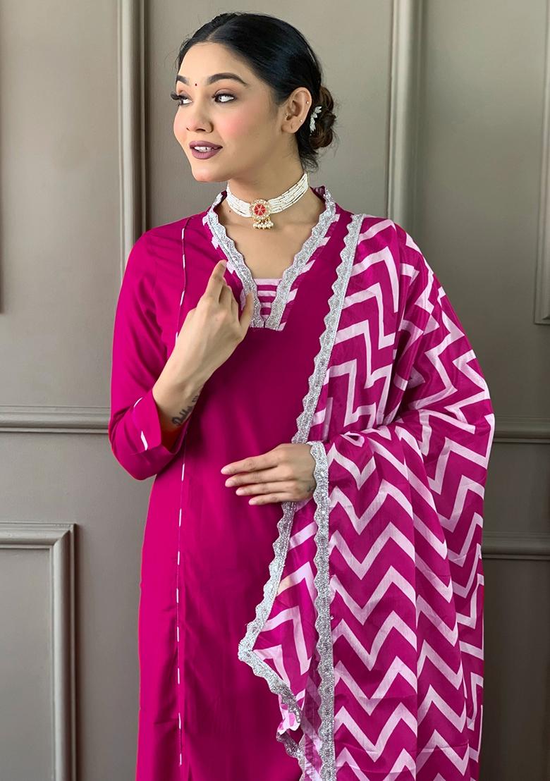 Hot Pink Embroidered Viscose Kurta Set