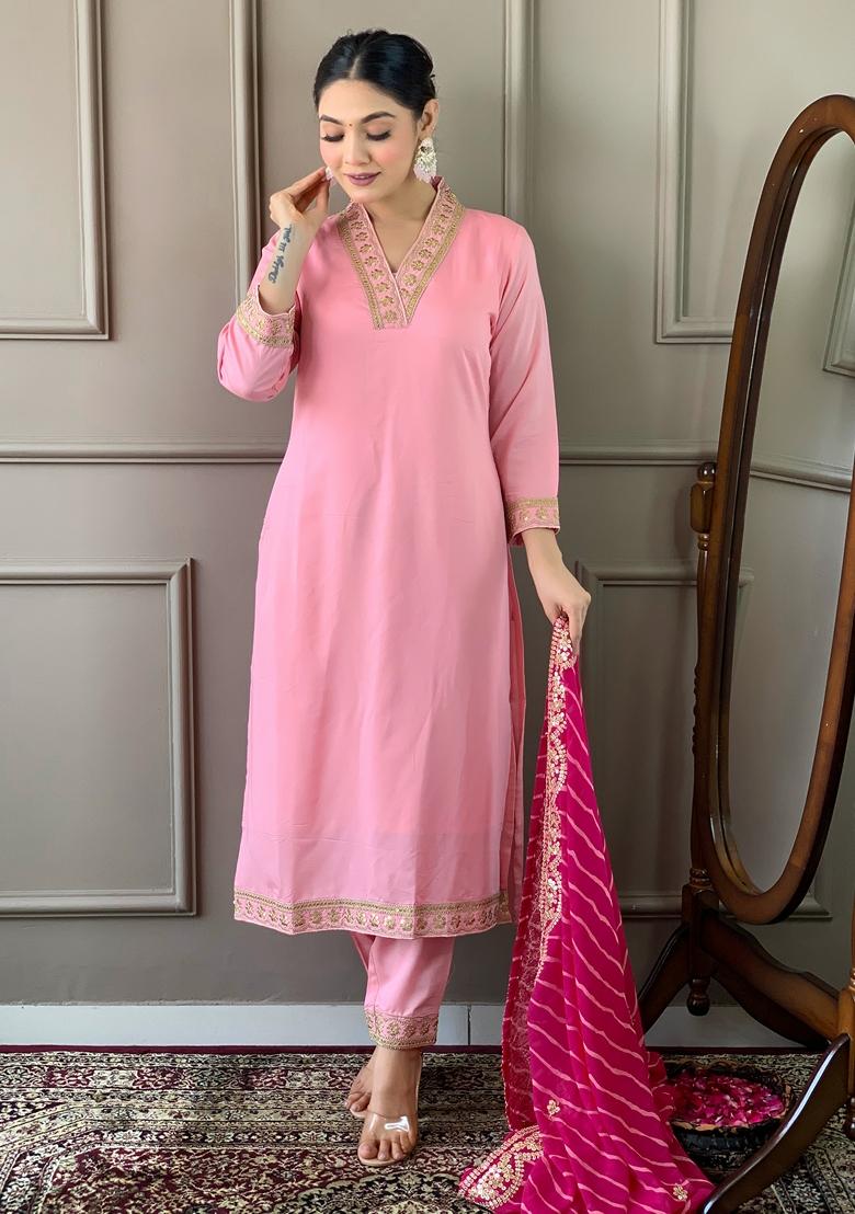 Pink Embroidered Viscose Silk Kurta Set