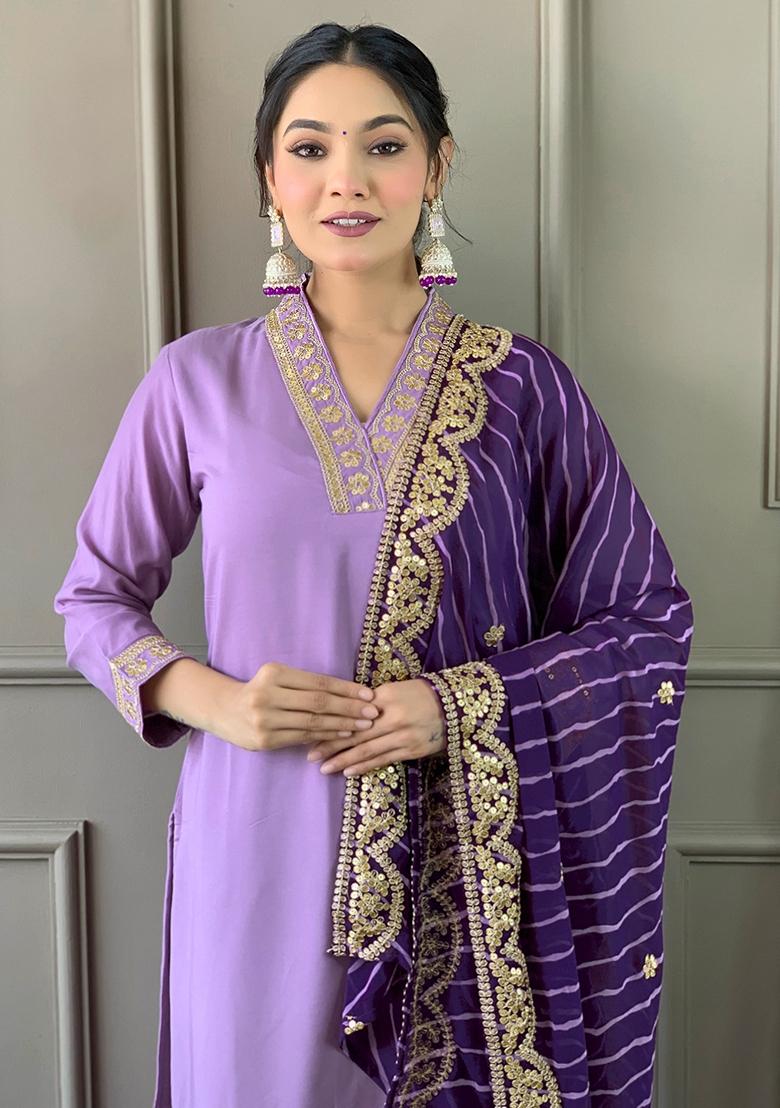 Light Purple Embroidered Viscose Silk Kurta Set
