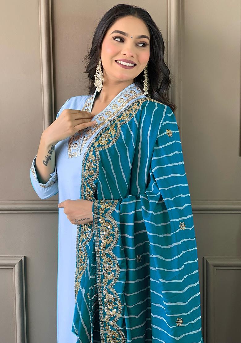 Sky Blue Embroidered Viscose Silk Kurta Set