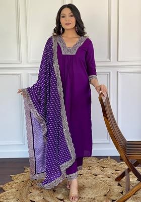Dark Purple Embroidered Viscose Kurta Set