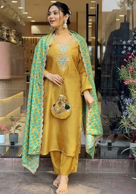 Mustard Embroidered Viscose Kurta Set