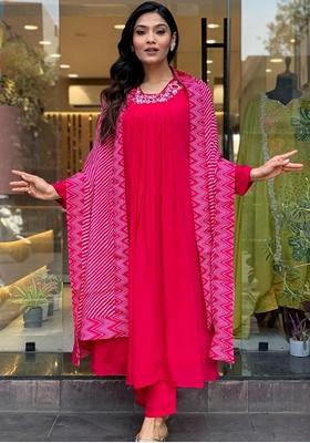 Hot Pink Embroidered Viscose Silk Kurta Set